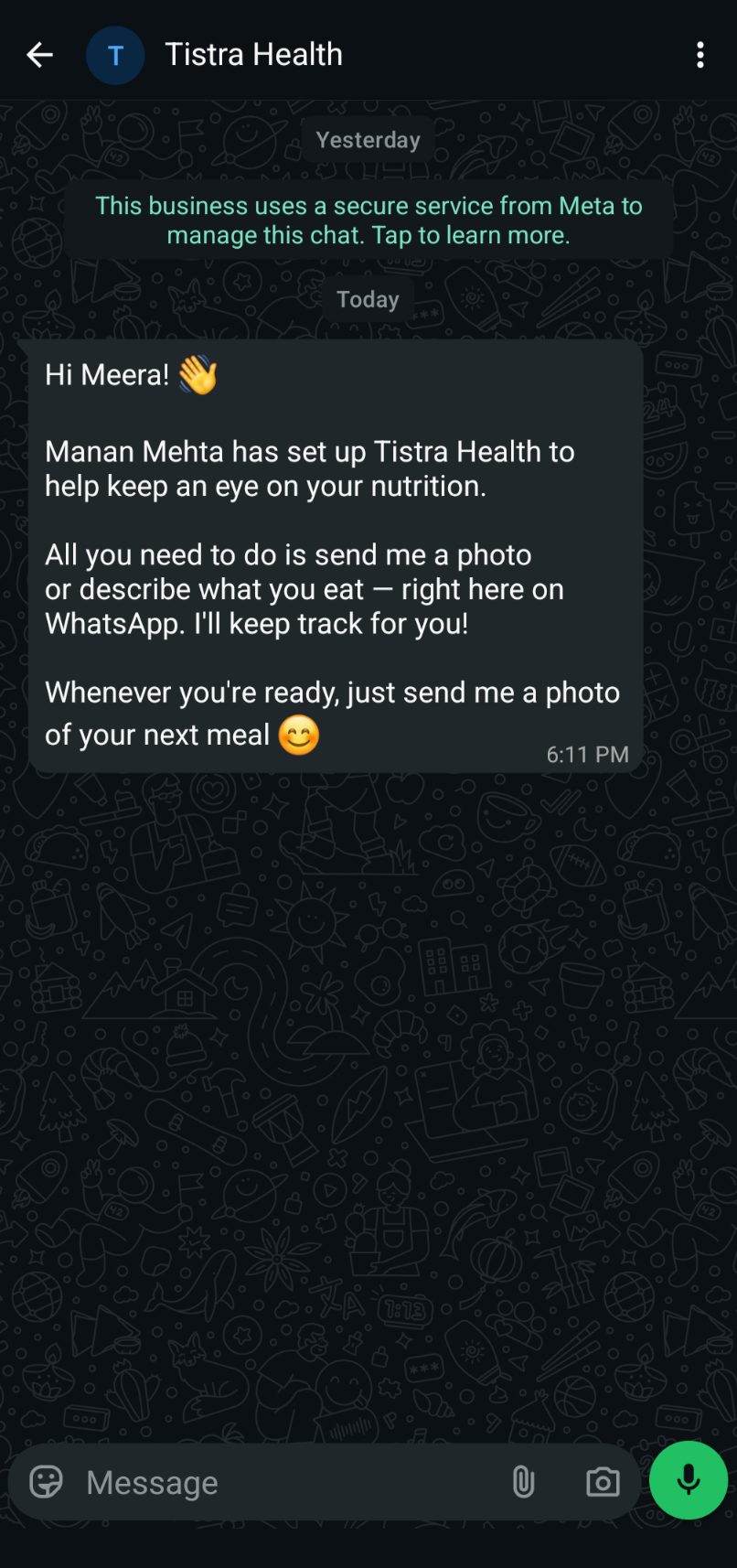 A parent receiving a Tistra Health invite on WhatsApp