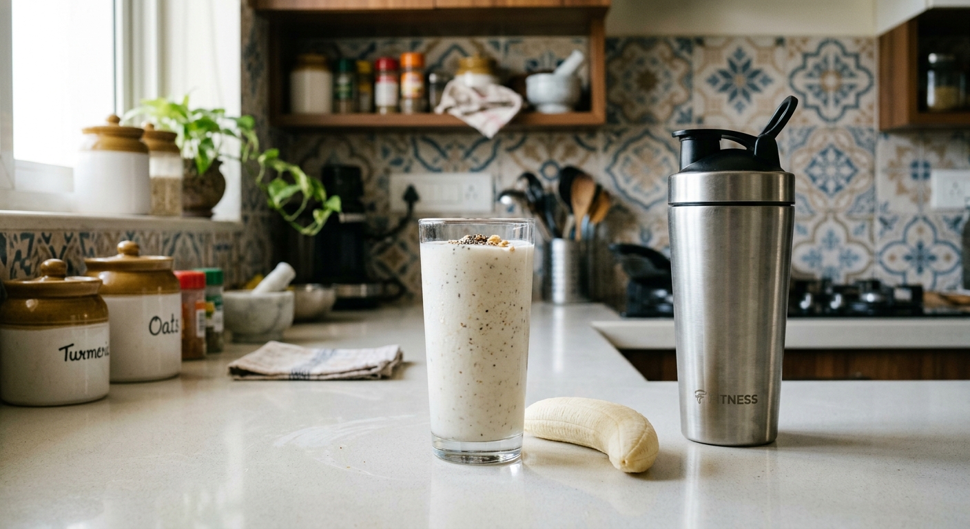 A smoothie and light breakfast plate