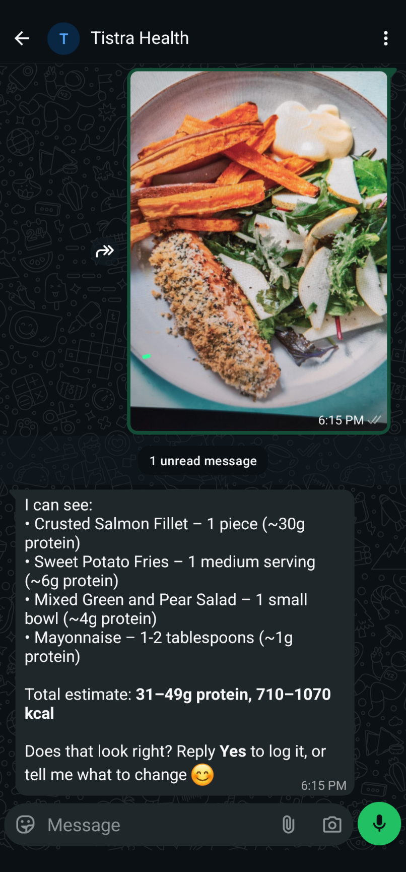 A person sending a meal photo through WhatsApp