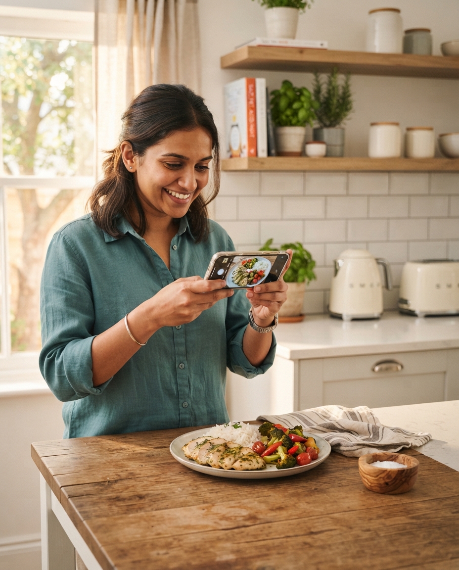 A person at home photographing their own meal to send on WhatsApp