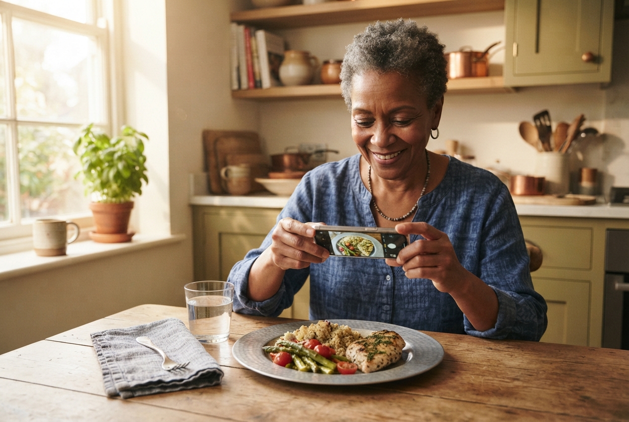 A person photographing their home-cooked meal at home