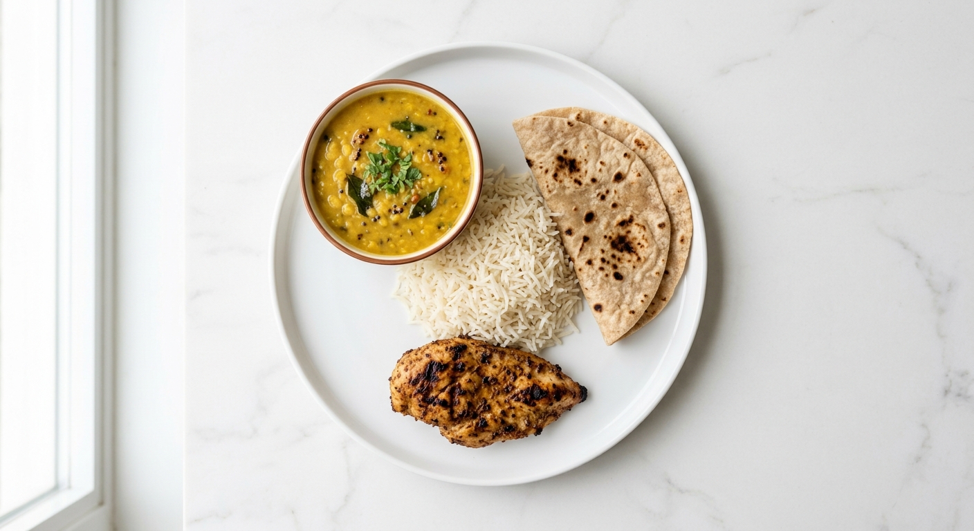 Overhead flat-lay of a home-cooked Indian meal