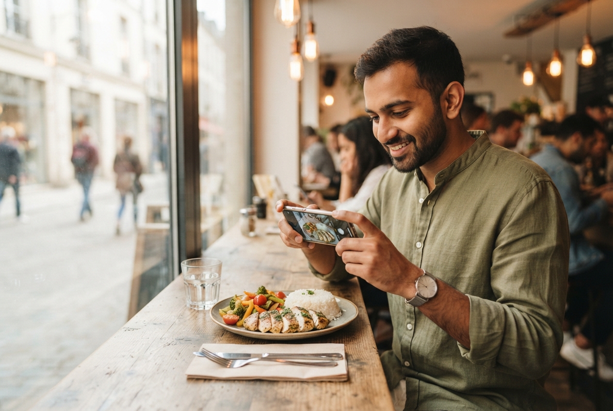 A person photographing their own lunch plate