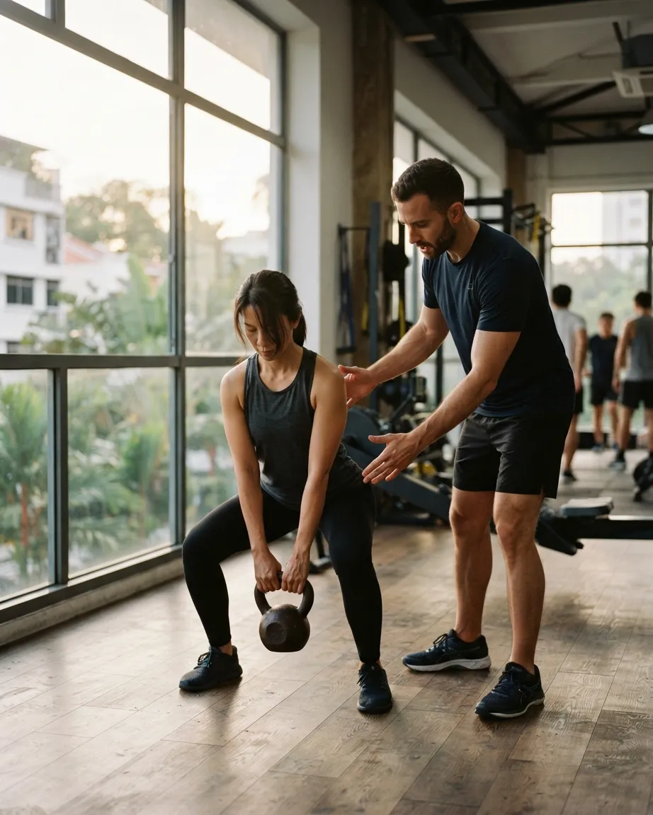 A trainer coaching a client through a kettlebell squat in a naturally lit gym