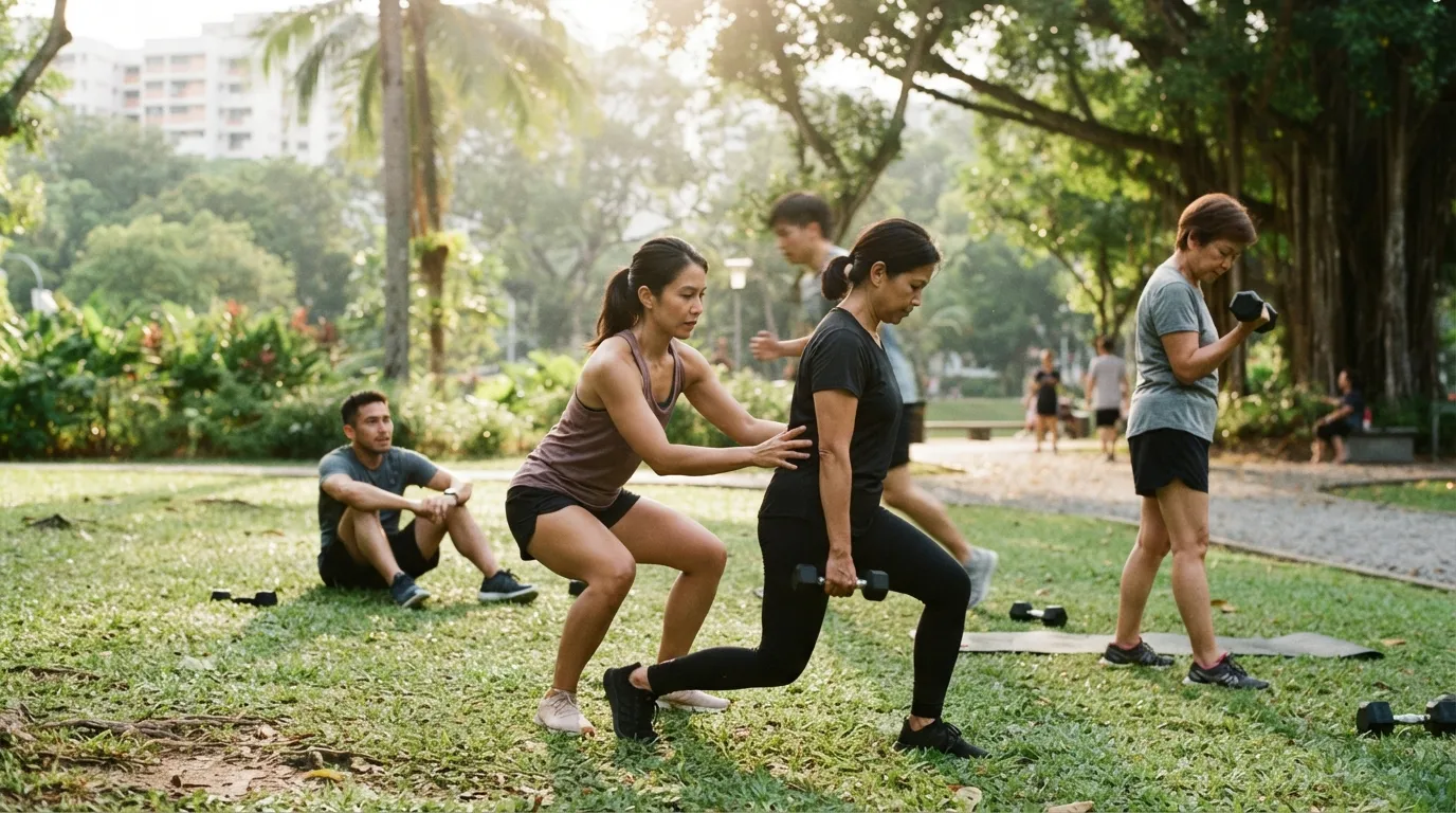 A coach correcting one client's form during a small outdoor group session in a Singapore park